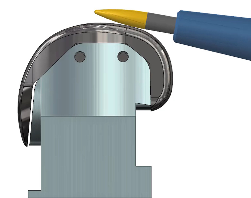 This illustration shows the barrel milling process, also known as circle segment cutting, as performed on a femoral implant. | Image courtesy of SECO